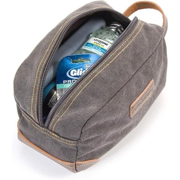 Travel Toiletry Bag for Men, Leather and Canvas Toiletry Bags, Dopp Kit for Men - Picture 3 of 7